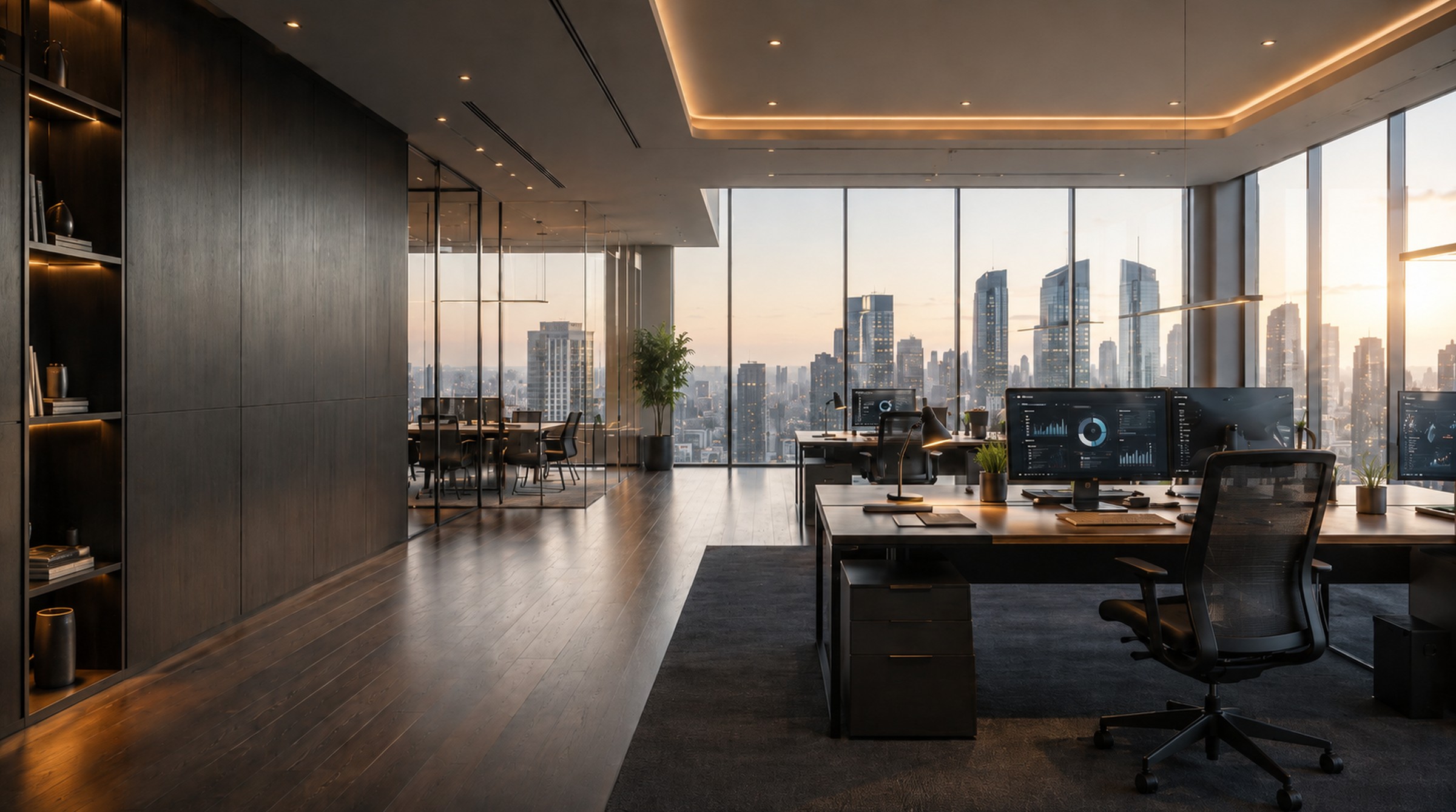A quiet office floor at sunrise, desks set and the dashboards already up.