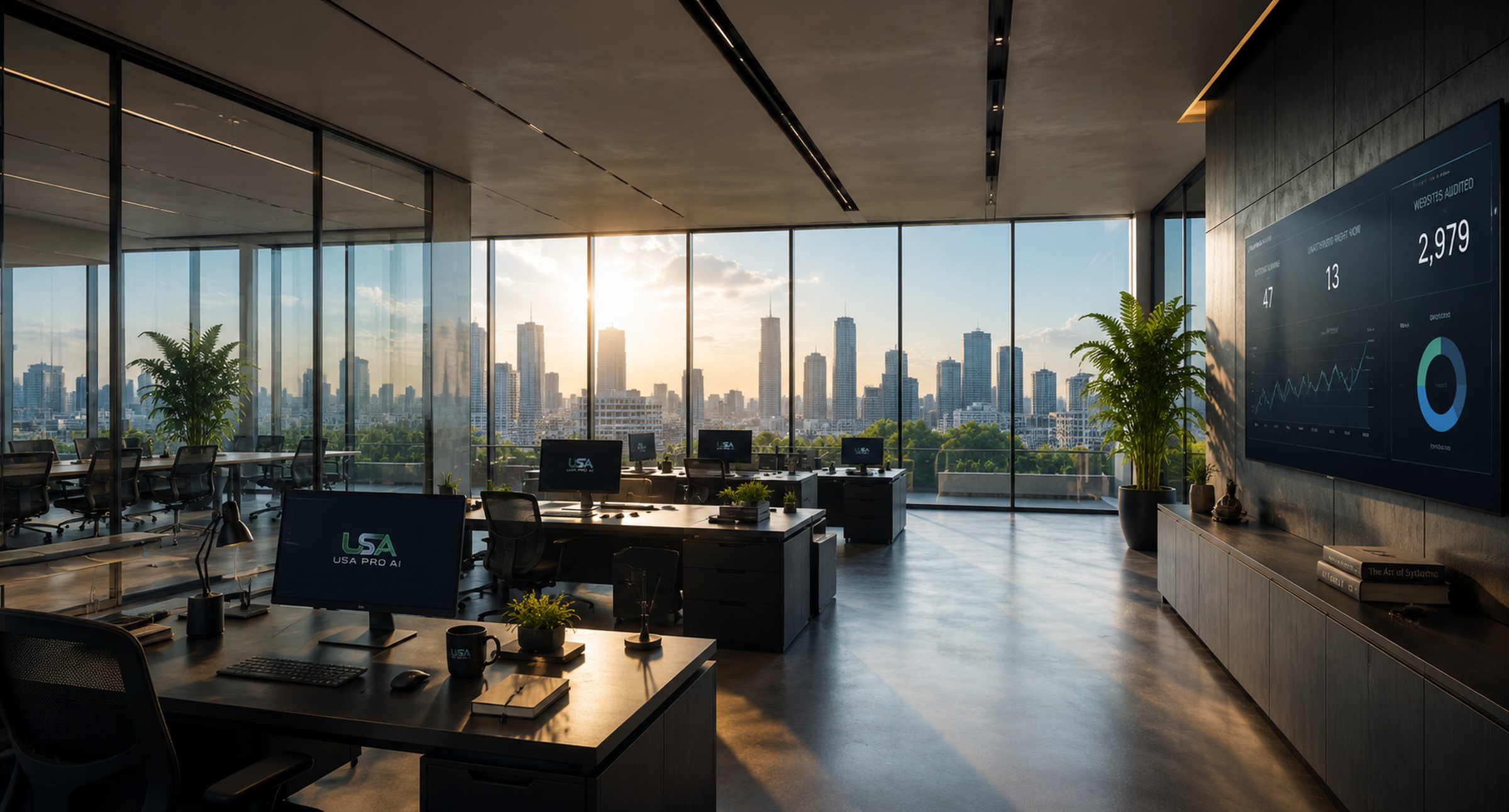 A high-floor office at sunrise, monitors up and a dashboard running on the wall.