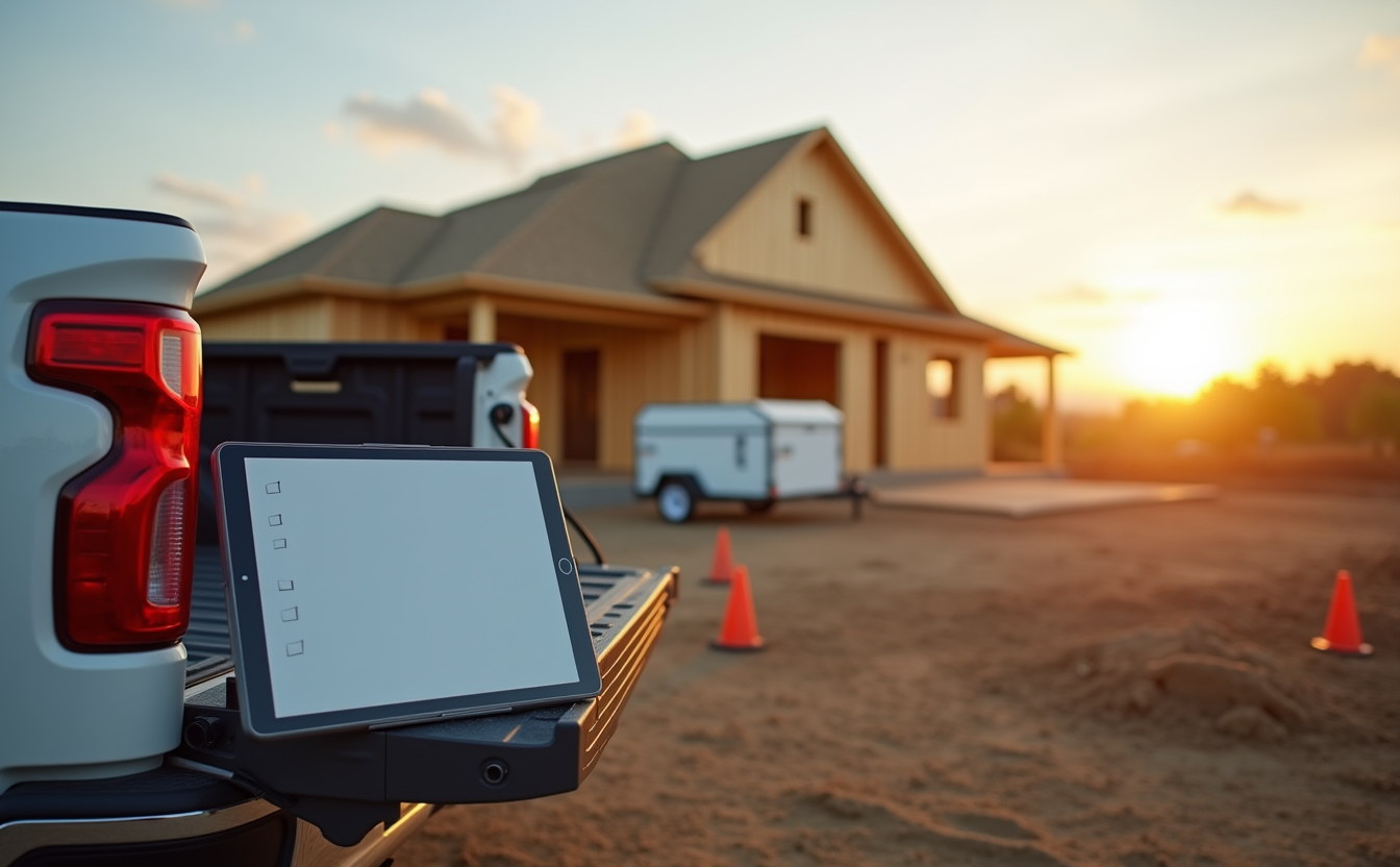 A job site at sunrise, a tablet open on the tailgate.