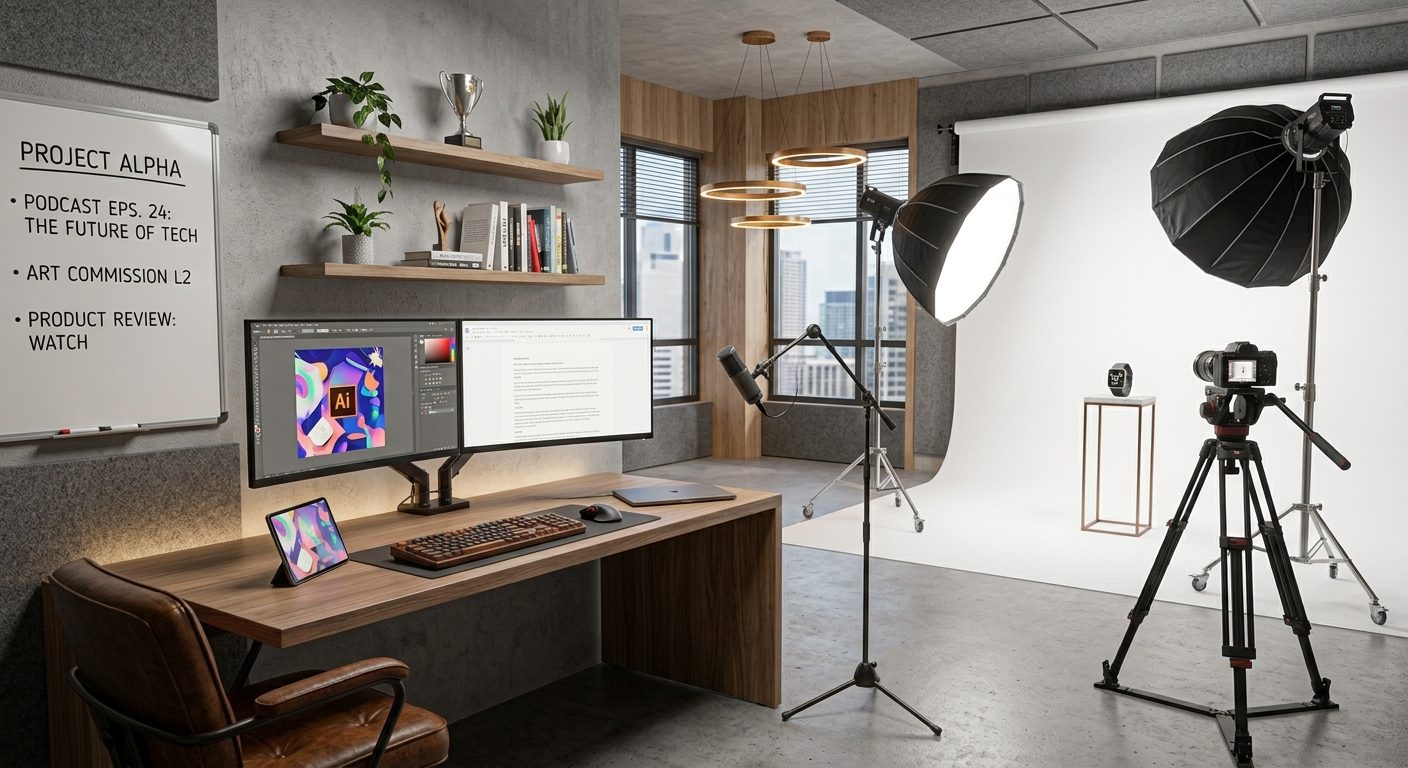 A studio with the lights up and the backdrop set. The shoot is queued and nobody is standing there.