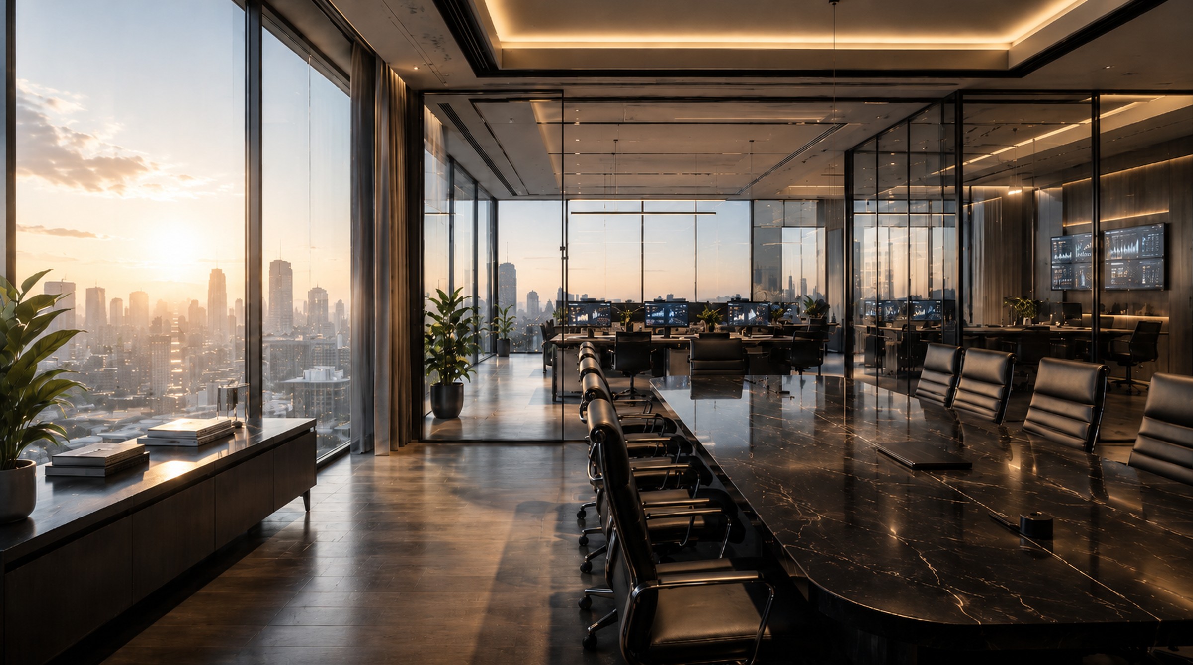 An empty top-floor boardroom at first light, the city below and the screens already running.