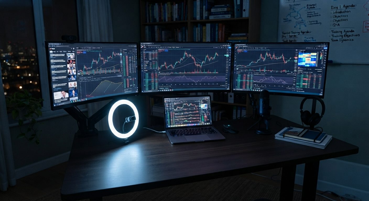 A three-screen trading desk at night. The charts are live and nobody is in the chair.