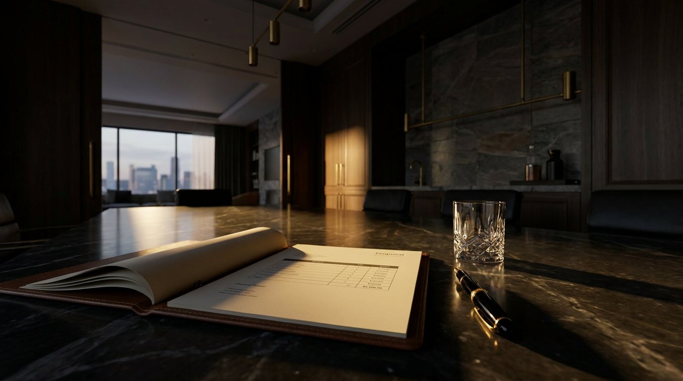 A desk in morning light with a printed proposal squared up and a pen resting on it.