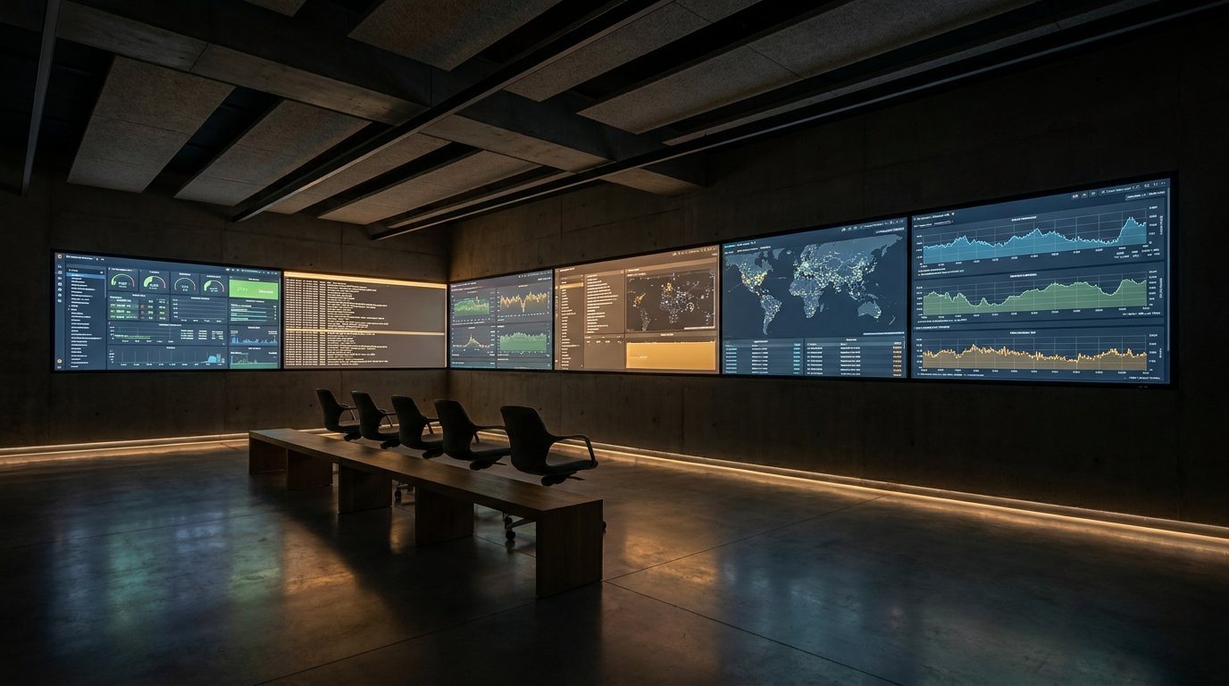 A review room at night, every screen still showing a system that is running.