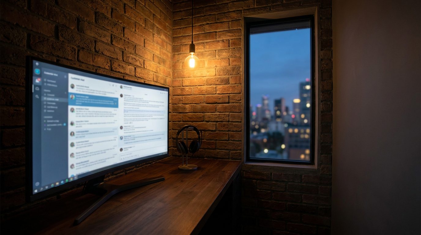 A support room at dusk. The threads are still being answered, the headset on its stand.