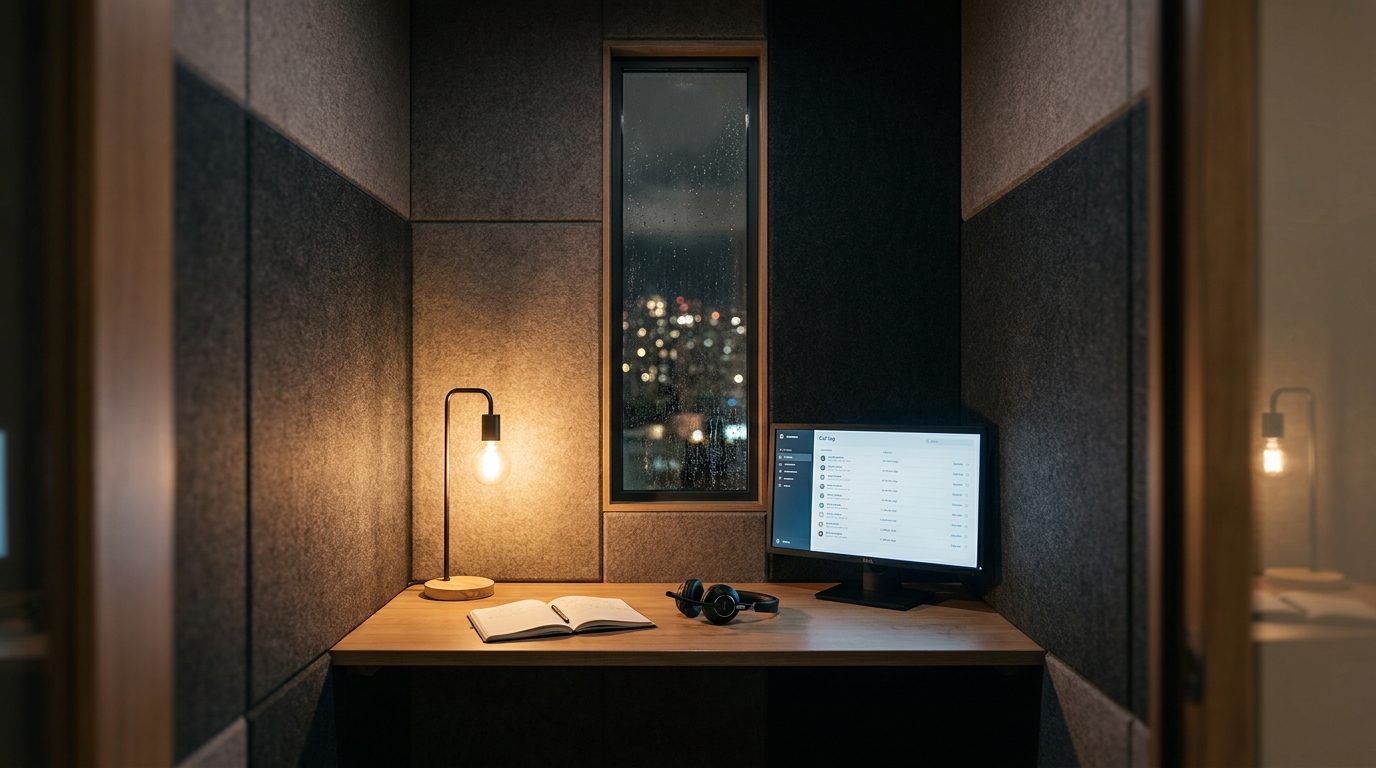 A phone room at night. The calls are answered and written down as they come in.