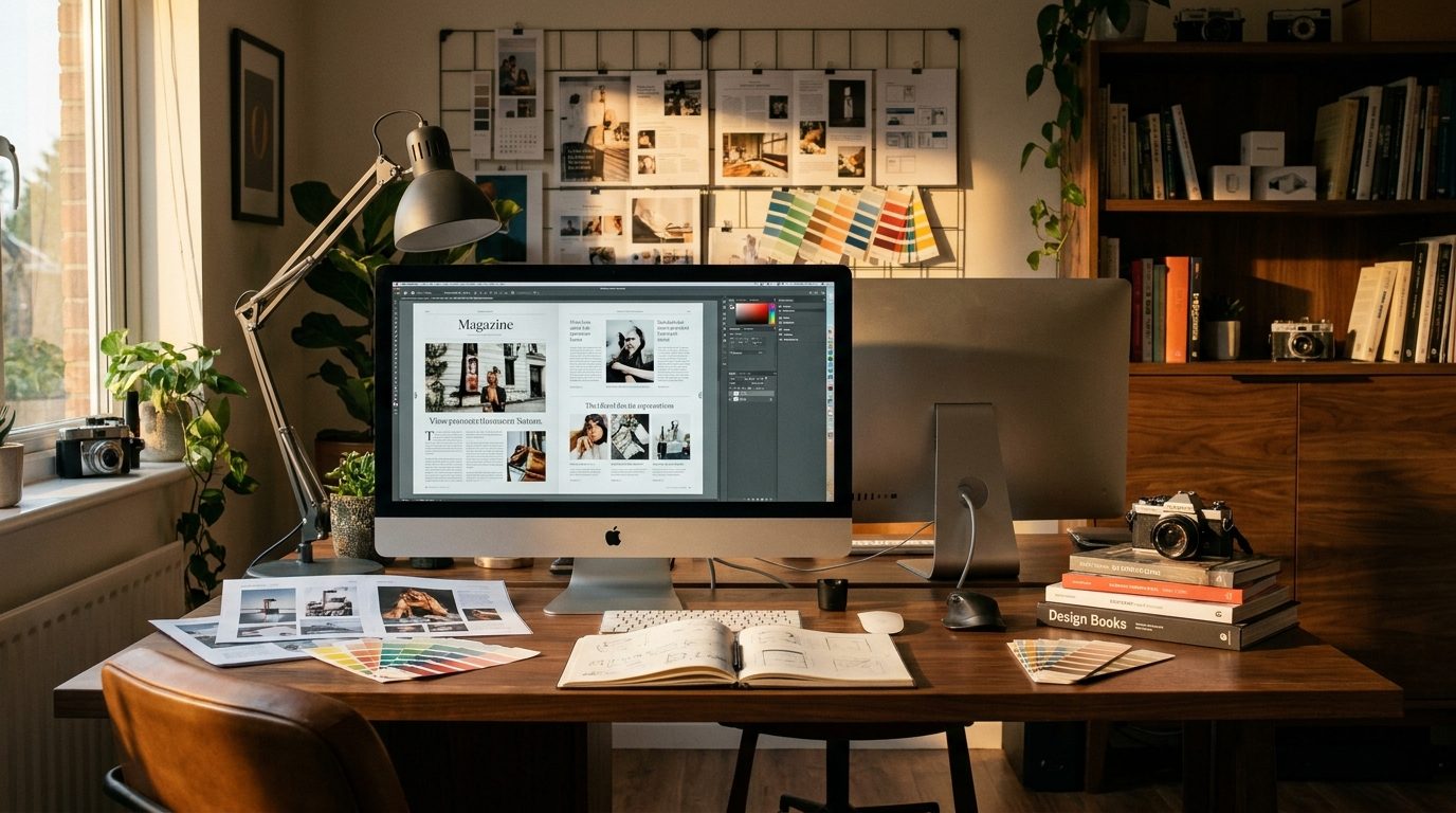 A design desk on a grey morning. The layout is open and nobody is working on it.