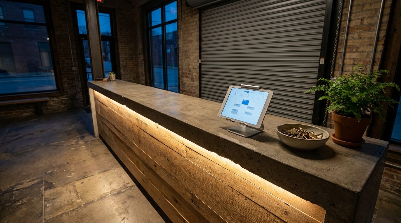 A front counter in the evening, closed. The booking calendar is still taking the day.