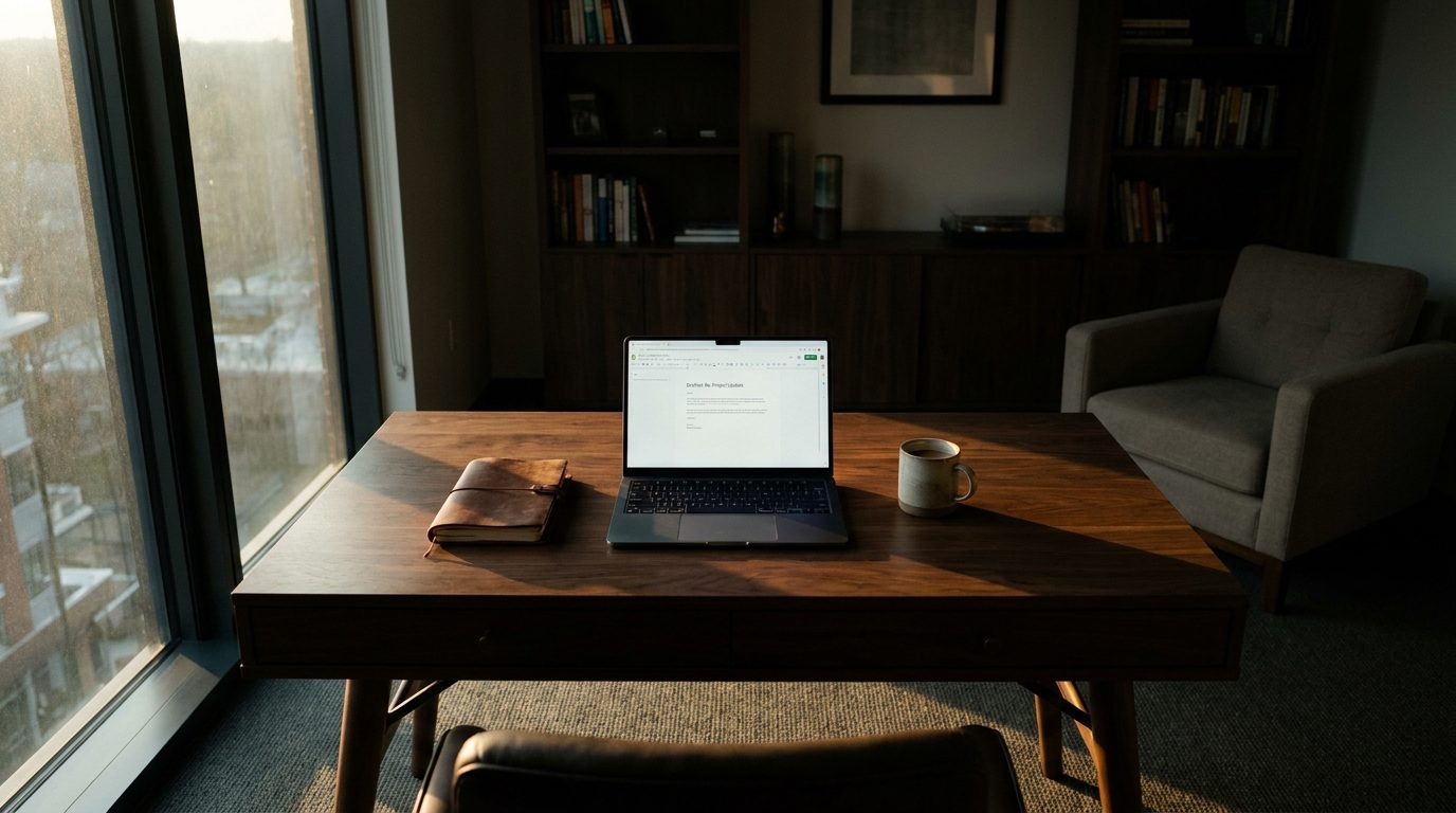 A corner office at sunrise. The follow-ups went out before anyone arrived.