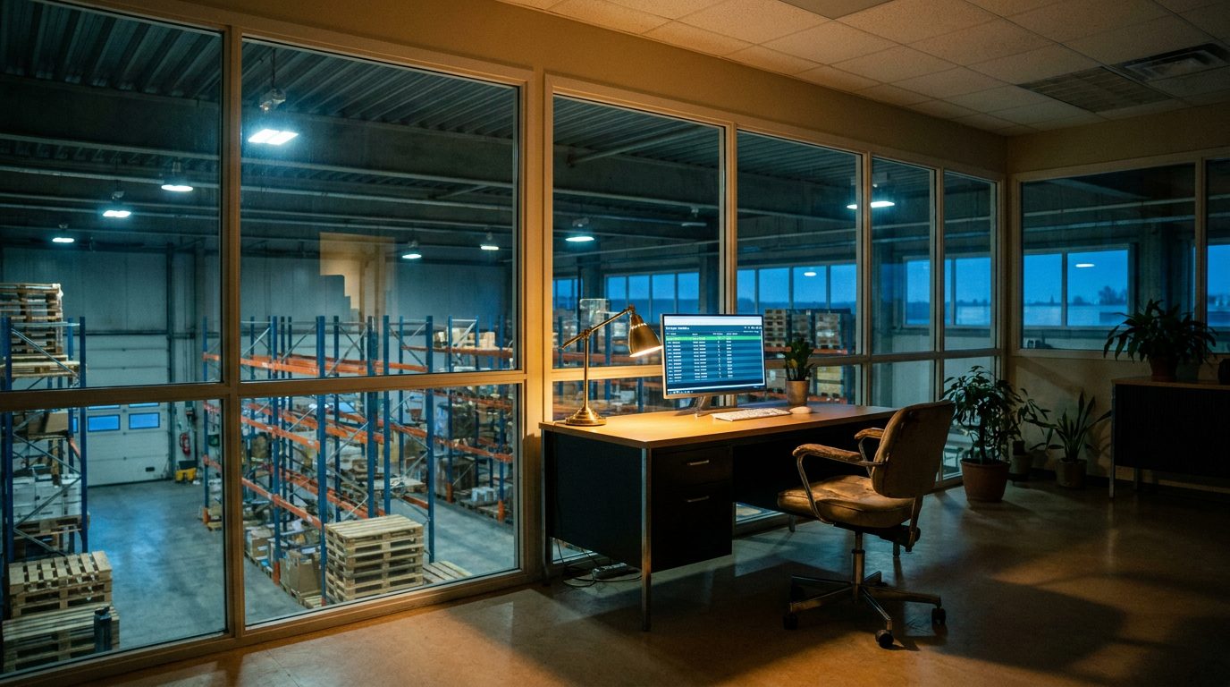 A back office above the floor at dusk. The queue is still clearing itself.