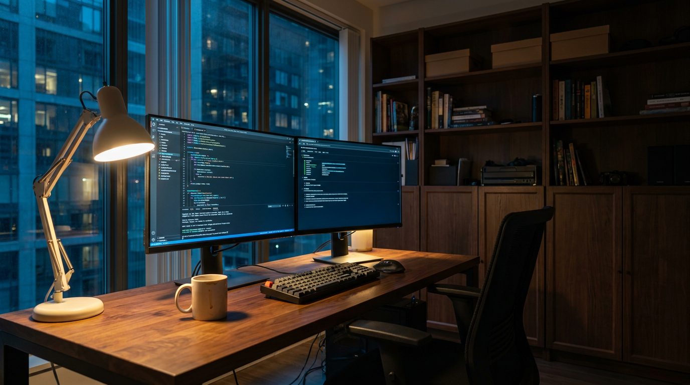 A small software studio at night. Two screens still running a build, nobody at the desk.
