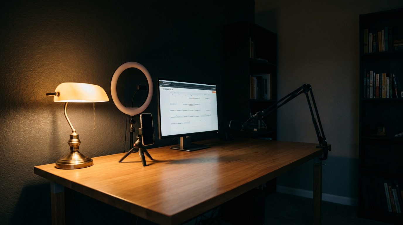 A creator's desk with the lights off. The week of posts is already scheduled.