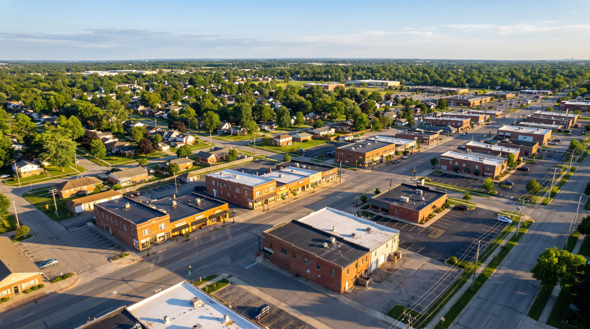 An American suburban commercial district from above at golden hour.
