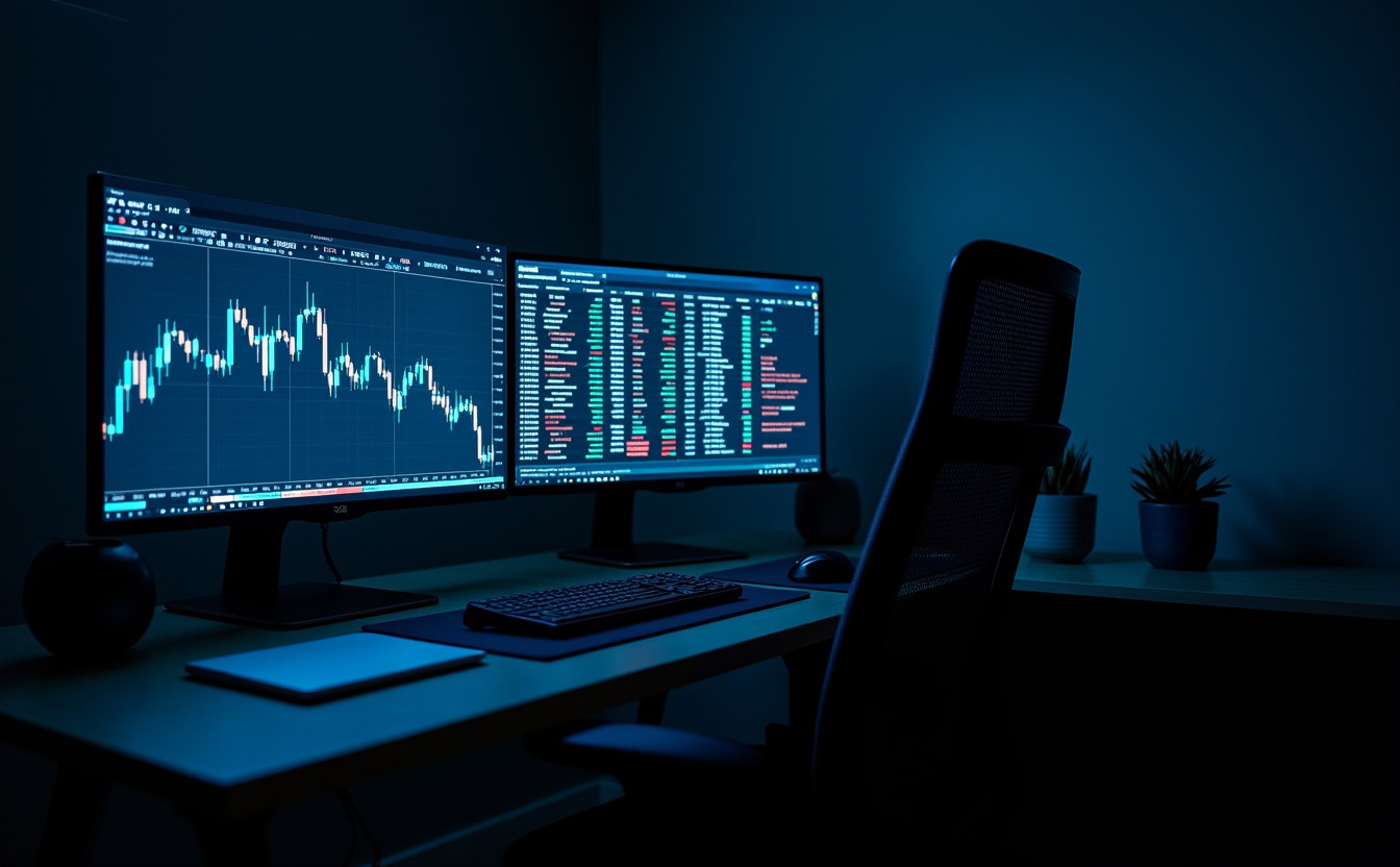 A trading desk at night. Screens running, nobody in the chair.